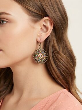 Boho Floral Medallion Dangle Earrings | Bronze Tone Enamel Crystal